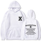 White loose pullover hoodie with hood and kangaroo pocket, front logo and back print.