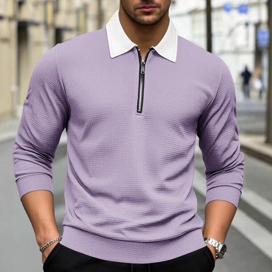 Violet waffle-knit zip-up shirt, long sleeves, white lapel collar, front quarter zipper