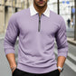 Violet waffle-knit zip-up shirt, long sleeves, white lapel collar, front quarter zipper