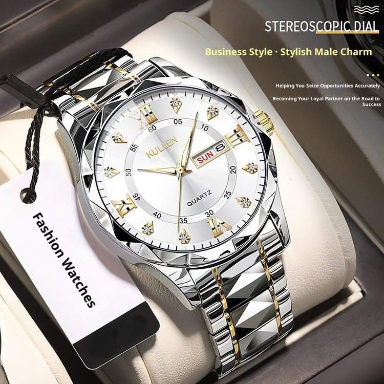 Quartz wristwatch with white dial, silver metal bracelet, and gold bezel accents