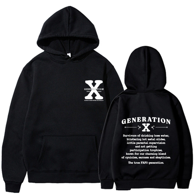 Black loose pullover hoodie with hood and kangaroo pocket, front logo and back print.