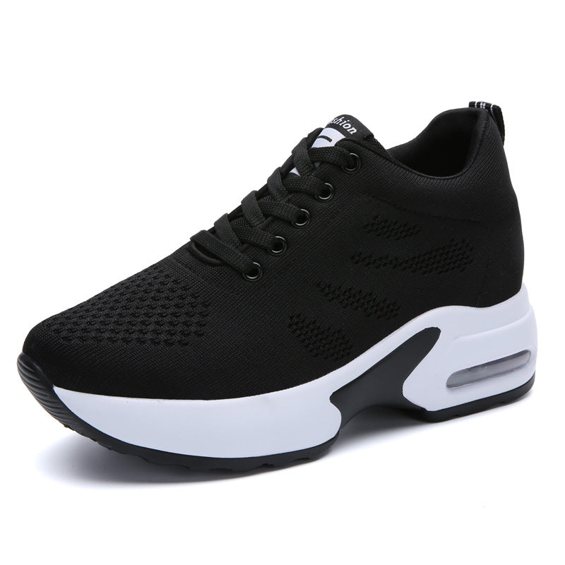 Black knit mesh lace-up sneakers with white air-cushion platform sole
