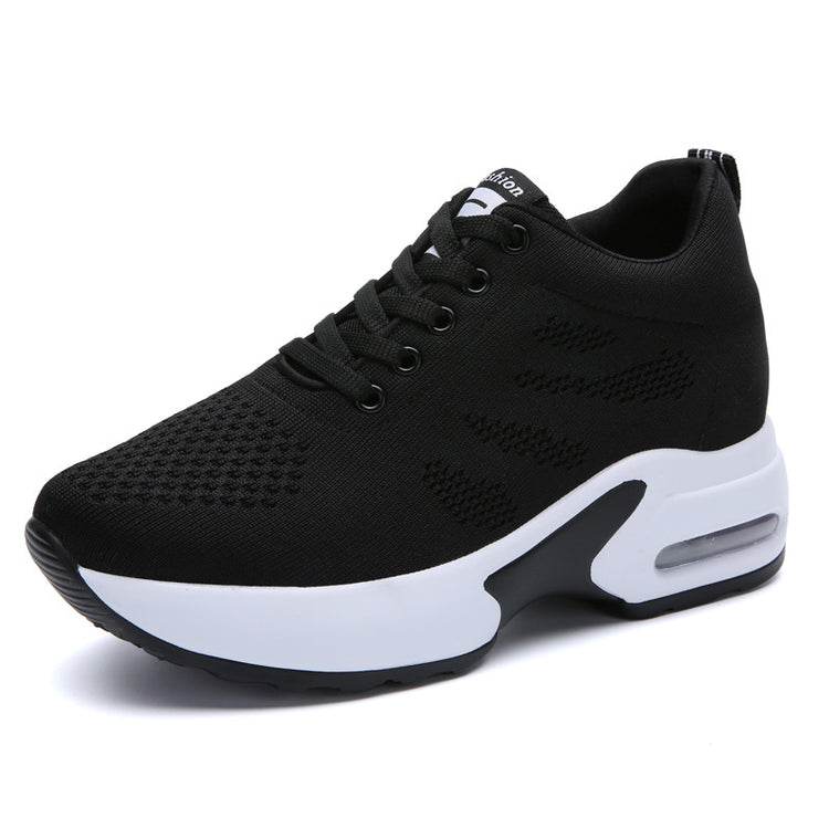 Black knit mesh lace-up sneakers with white air-cushion platform sole