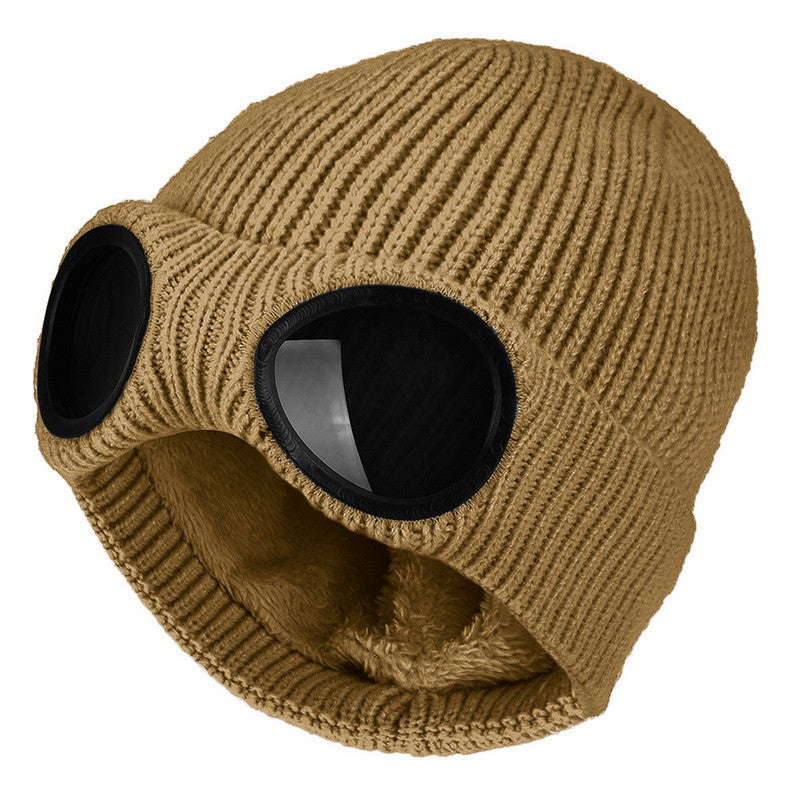 Tan knitted beanie with windproof eye shields