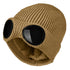 Tan knitted beanie with windproof eye shields
