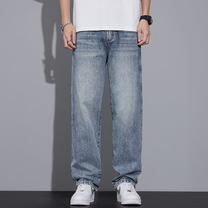 Light blue straight jeans with loose fit, front seam and belt loops