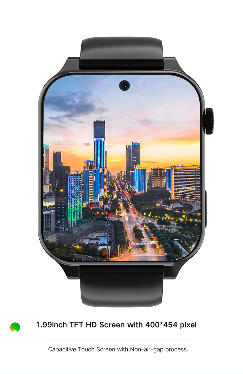 Black smartwatch with city wallpaper on rectangular touchscreen