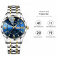 Quartz wristwatch with blue dial and silver-and-gold bracelet; product size diagram