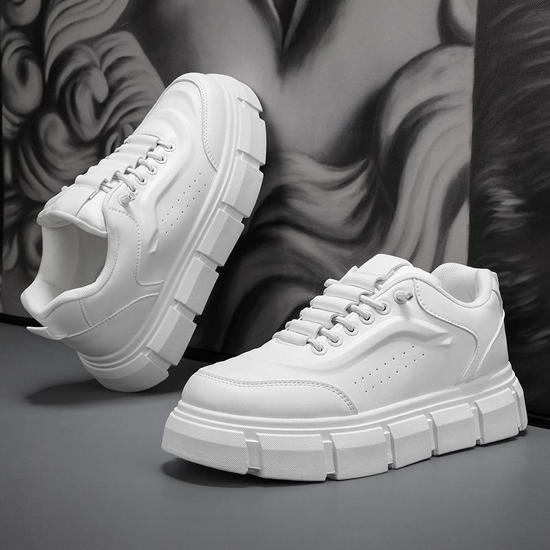 Off-white lace-up chunky-sole sneakers, front and side angles, thick tread rubber sole