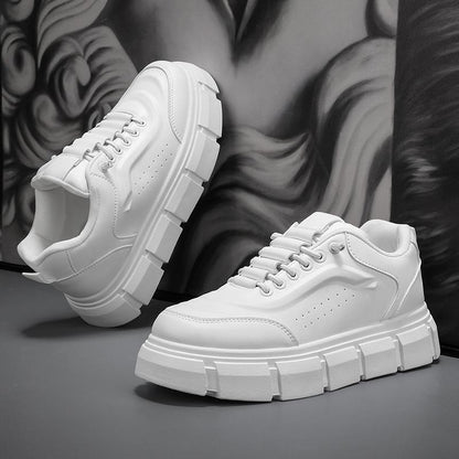 Off-white lace-up chunky-sole sneakers, front and side angles, thick tread rubber sole