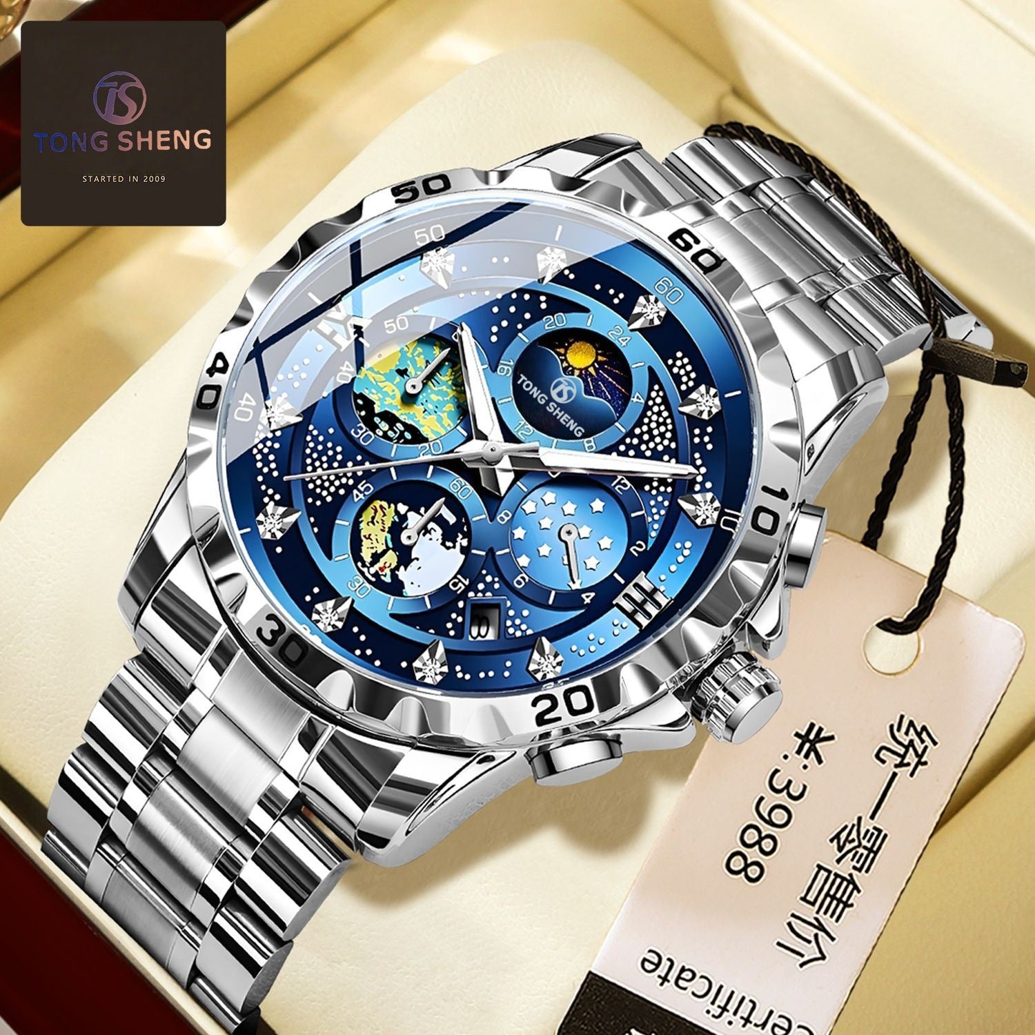 Blue stainless steel wristwatch with starry multi-dial and sub dials