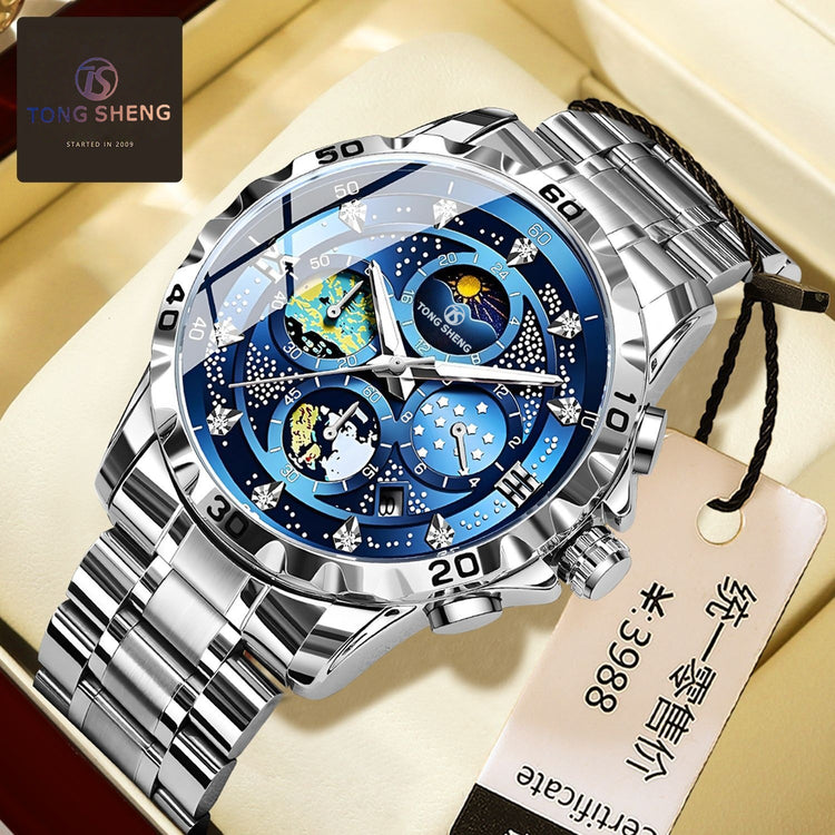 Blue stainless steel wristwatch with starry multi-dial and sub dials