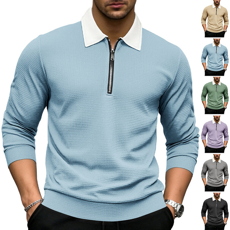 Light blue waffle-knit zip-up shirt, long sleeves, white lapel collar, quarter zipper