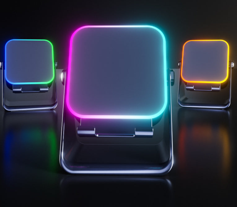 Black phone stand speaker base with illuminated RGB light panels