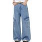 Light blue denim workwear jeans with wide legs, zip fly, and side cargo pockets