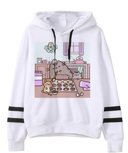 White fleece hoodie with food kitchen scene illustration on front; black drawstrings