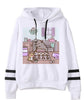 White fleece hoodie with food kitchen scene illustration on front; black drawstrings