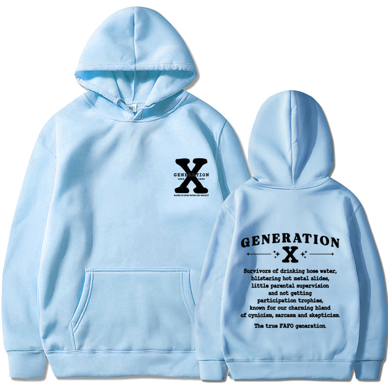 Loose hoodie in light blue with hood, front pouch pocket, and chest/back graphic print.