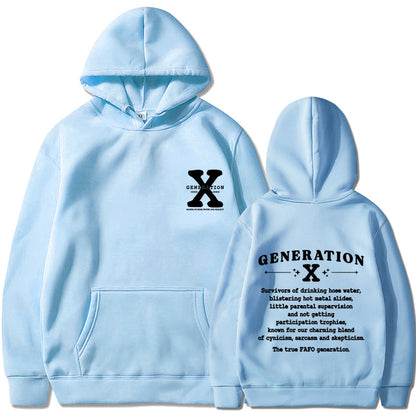 Loose hoodie in light blue with hood, front pouch pocket, and chest/back graphic print.