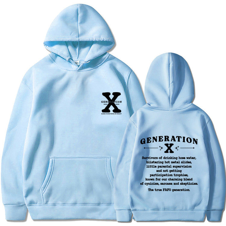 Loose hoodie in light blue with hood, front pouch pocket, and chest/back graphic print.