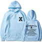 Loose hoodie in light blue with hood, front pouch pocket, and chest/back graphic print.