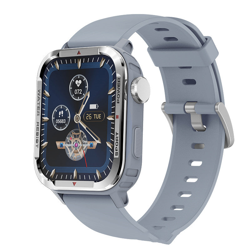 Sports smartwatch with light gray silicone strap and dark display with compass-style dial