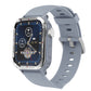 Sports smartwatch with light gray silicone strap and dark display with compass-style dial