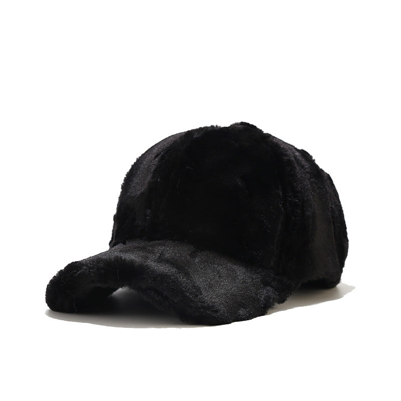 Plush fleece baseball cap with rabbit-fur look, black, curved brim in side profile