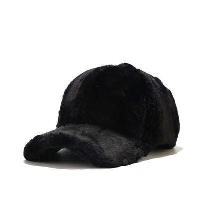 Plush fleece baseball cap with rabbit-fur look, black, curved brim in side profile